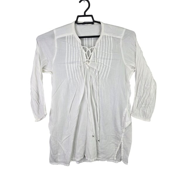 Womens Lauren Ralph Lauren White Tunic Blouse Lace-Up Front 3/4 Sleeves Cotton L - Picture 1 of 6
